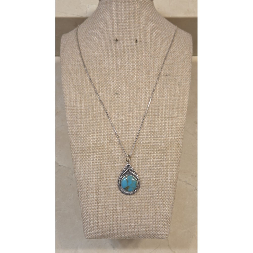 Vintage Sterling & Kingsman Turquoise Pendant On 21" Sterling Italian Box Chain